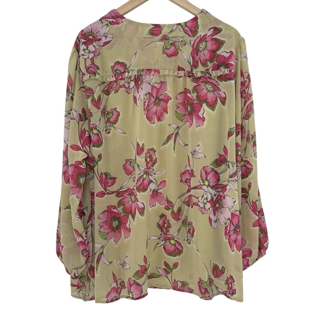 Belle Kim Gravel Plus Size Sheer Chiffon Overlay Blouson Blossom Blouse Sage 3x - Picture 2 of 9